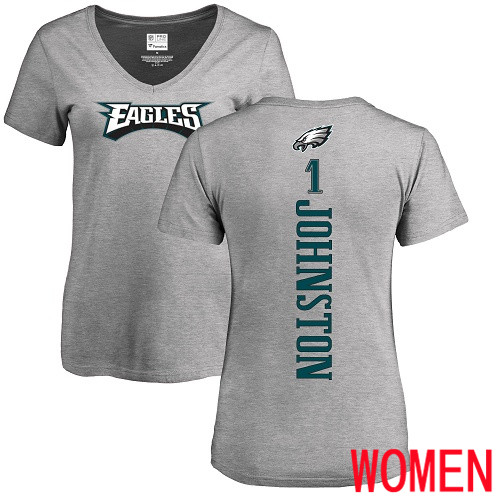 Women Philadelphia Eagles #1 Cameron Johnston Ash Backer V-Neck NFL T Shirt